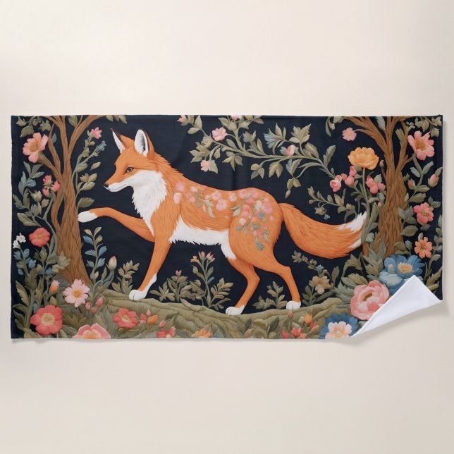 Curious Fox Faux Embroidery Elegant Floral Beach Towel (Front)