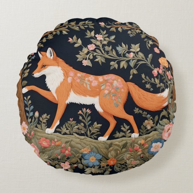 Curious Fox Faux Embroidery Elegant Floral Round Pillow (Front)