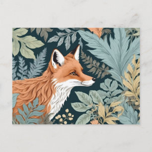 Curious Fox Fern Leaves William Morris Inspired Postcard