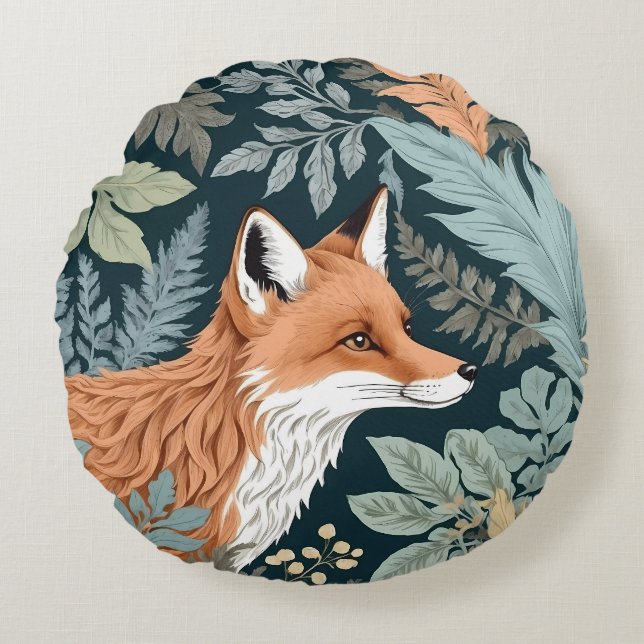 Curious Fox Fern Leaves William Morris Inspired Round Pillow (Front)