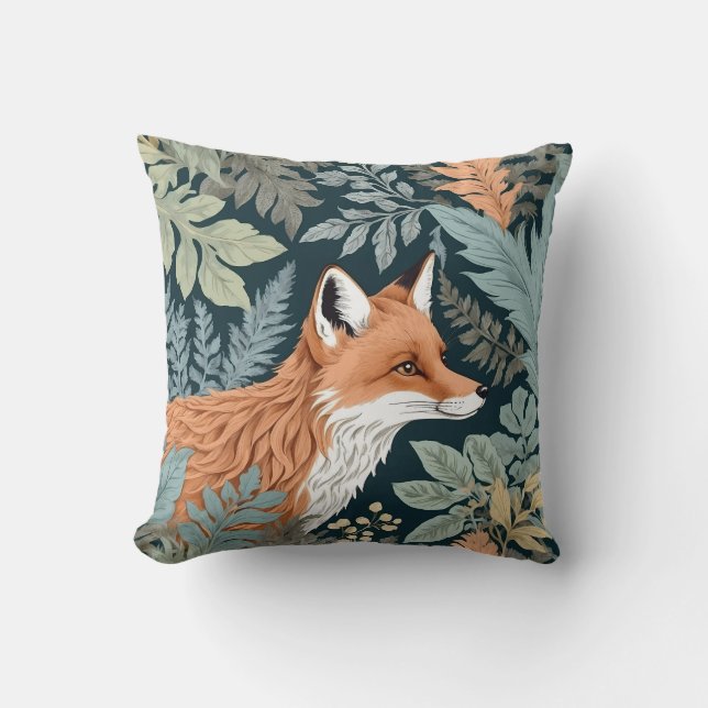Curious Fox Fern Leaves William Morris Inspired Throw Pillow (Front)
