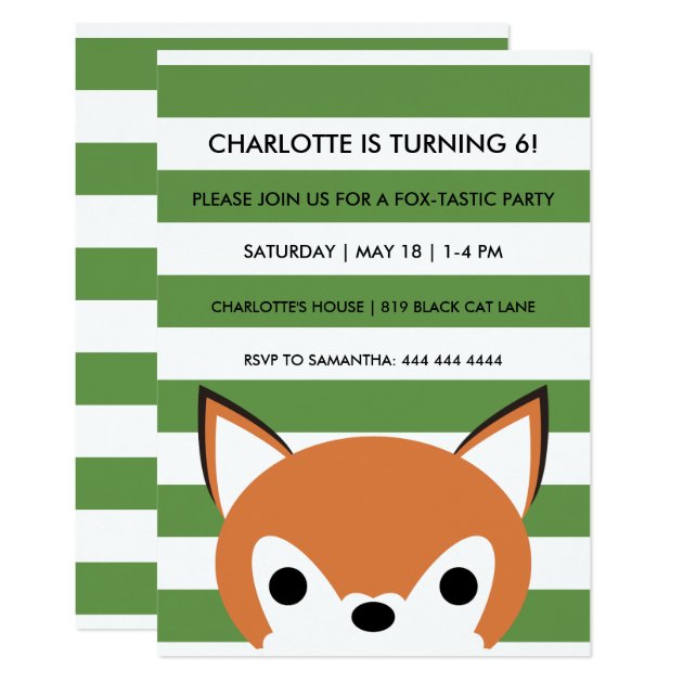 Curious Fox | Green Stripes | Birthday Party Invitation