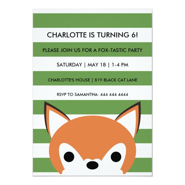 Curious Fox | Green Stripes | Birthday Party Invitation