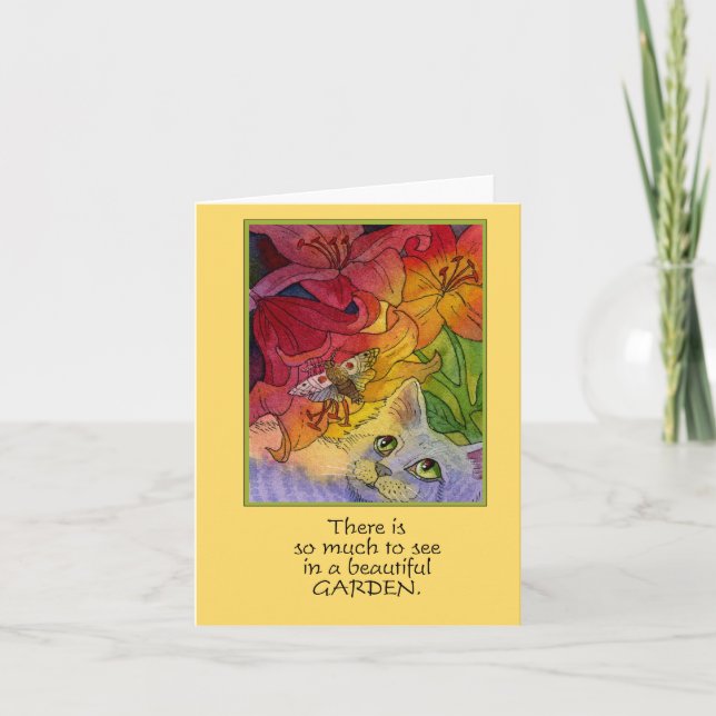 Curious Garden Cat and Moth Notecard (Front)