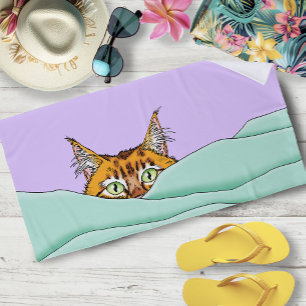 Curious Ginger Peekaboo Cat Funny Lavender Green Beach Towel