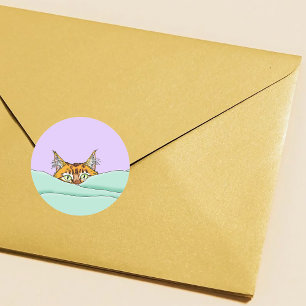 Curious Ginger Peekaboo Cat Funny Lavender Green Classic Round Sticker