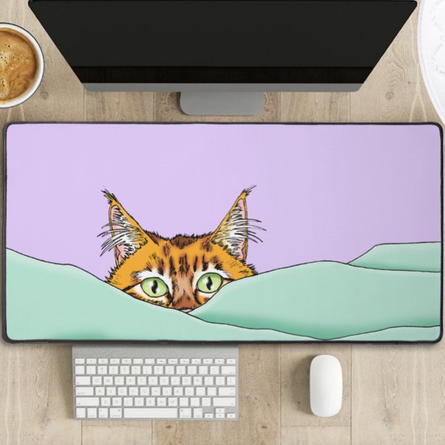 Curious Ginger Peekaboo Cat Funny Lavender Green Desk Mat (Creator Uploaded)