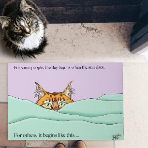 Curious Ginger Peekaboo Cat Funny Lavender Green Doormat