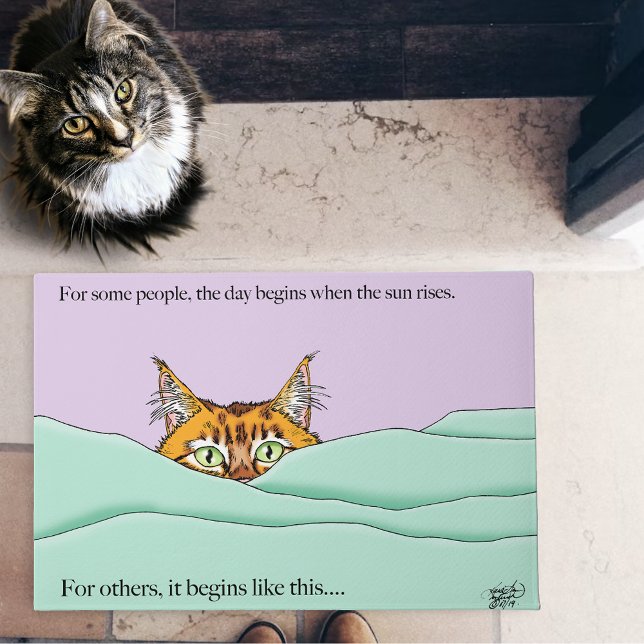 Curious Ginger Peekaboo Cat Funny Lavender Green Doormat (Creator Uploaded)