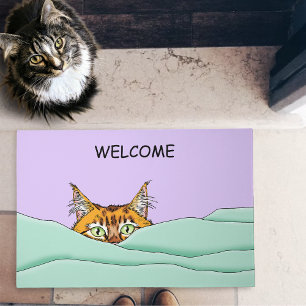 Curious Ginger Peekaboo Cat Funny Lavender Green Doormat