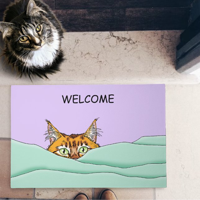 Curious Ginger Peekaboo Cat Funny Lavender Green Doormat (Creator Uploaded)