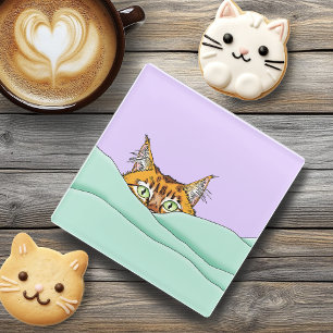 Curious Ginger Peekaboo Cat Funny Lavender Green Glass Coaster