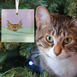 Curious Ginger Peekaboo Cat Funny Lavender Green Glass Ornament