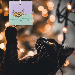 Curious Ginger Peekaboo Cat Funny Lavender Green Glass Ornament
