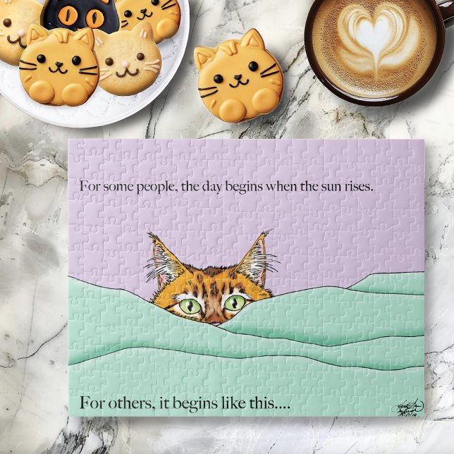 Curious Ginger Peekaboo Cat Funny Lavender Green Jigsaw Puzzle (Creator Uploaded)