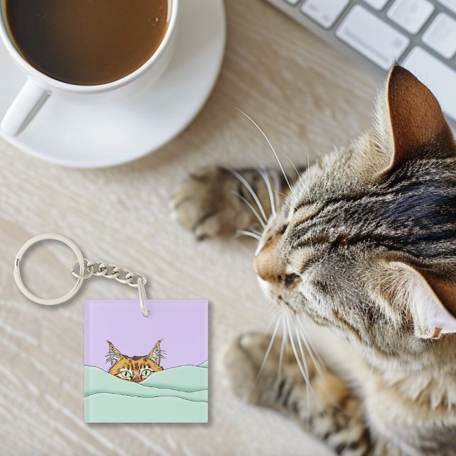 Curious Ginger Peekaboo Cat Funny Lavender Green Keychain (Creator Uploaded)
