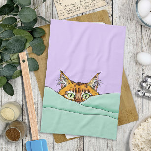 Curious Ginger Peekaboo Cat Funny Lavender Green Kitchen Towel
