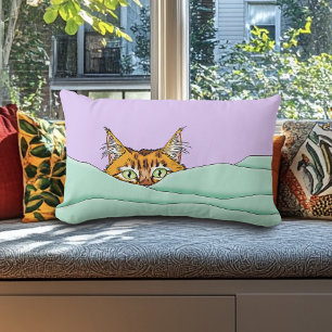 Curious Ginger Peekaboo Cat Funny Lavender Green Lumbar Pillow