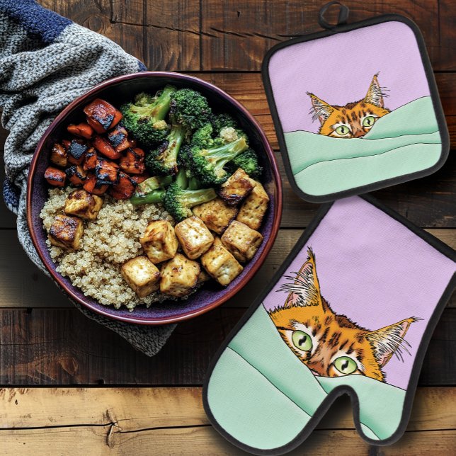 Curious Ginger Peekaboo Cat Funny Lavender Green Oven Mitt & Pot Holder Set (Creator Uploaded)