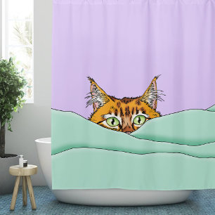 Curious Ginger Peekaboo Cat Funny Lavender Green Shower Curtain