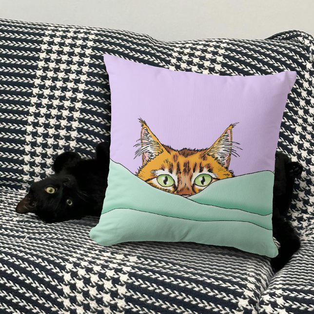 Curious Ginger Peekaboo Cat Funny Lavender Green Throw Pillow (Creator Uploaded)