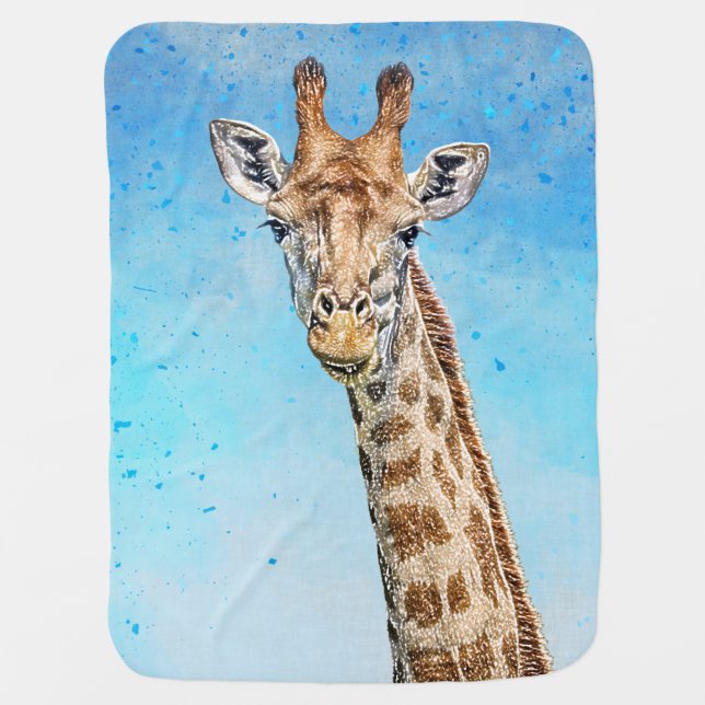 Curious Giraffe with Blue Confetti Sky Baby Blanket (Front)