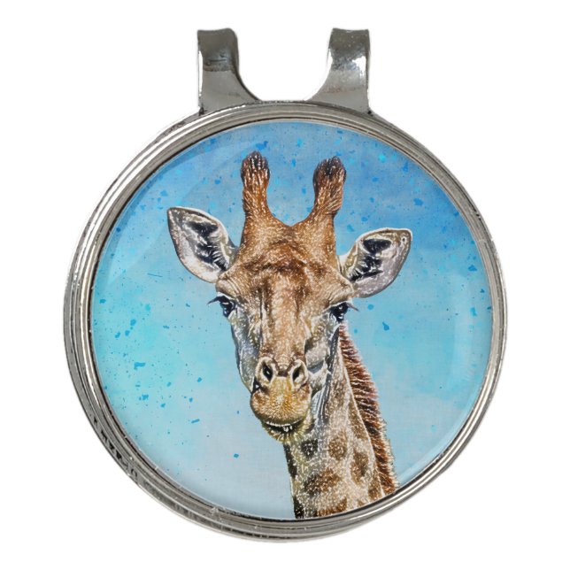 Curious Giraffe with Blue Confetti Sky Golf Hat Clip (Front)