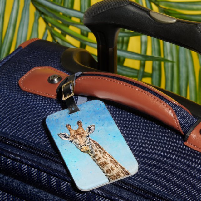 Curious Giraffe with Blue Confetti Sky Luggage Tag (Front Insitu 1)