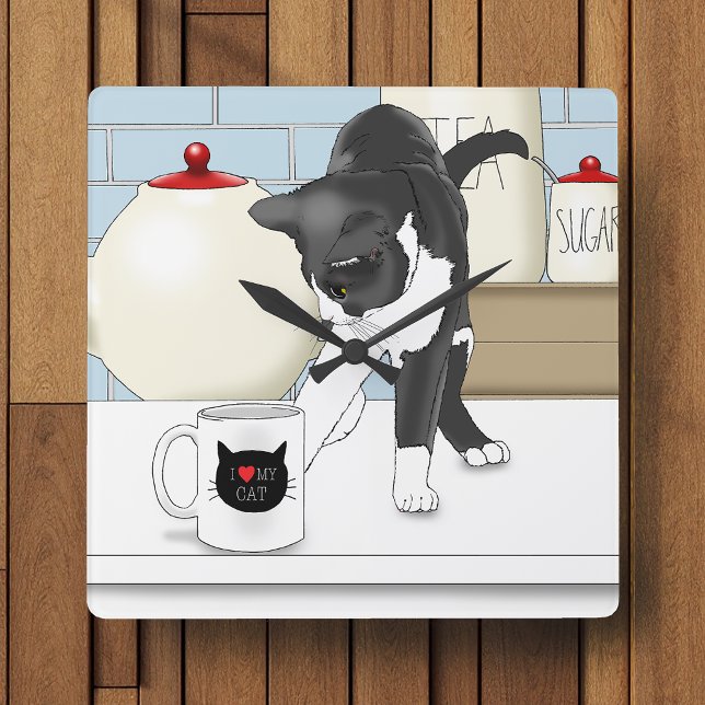 Curious Gray White Cat Funny Tea Mug Kitchen Square Wall Clock (Creator Uploaded)