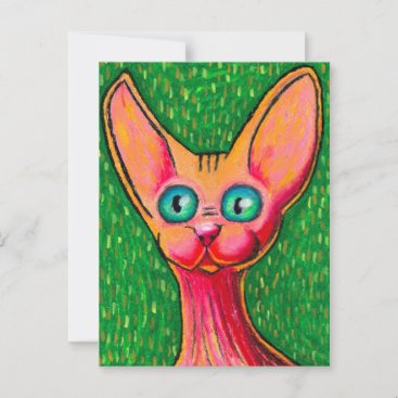 Curious Happy Hairless Cat in Oil Pastel on Green Postcard