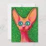 Curious Happy Hairless Cat in Oil Pastel on Green Postcard