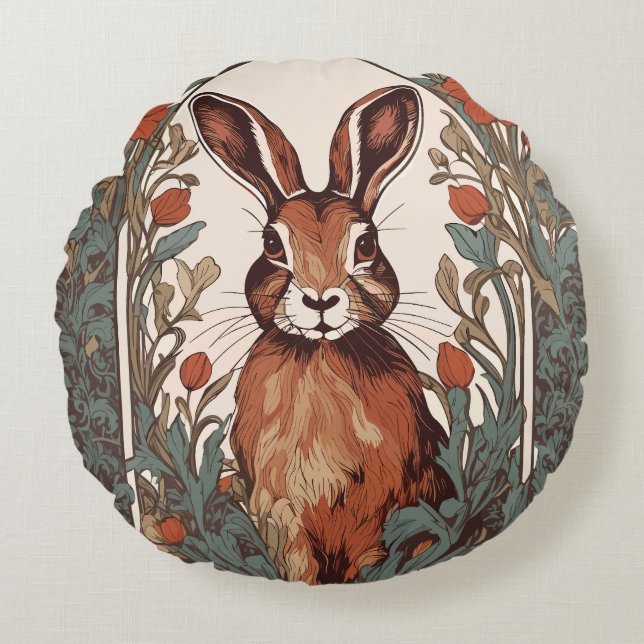Curious Hare William Morris Inspired Floral Round Pillow (Front)