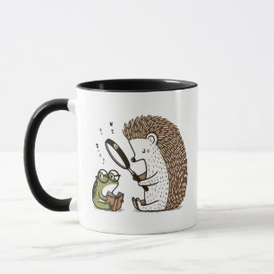 Curious Hedgehog Observing a Bookish Frog Mug