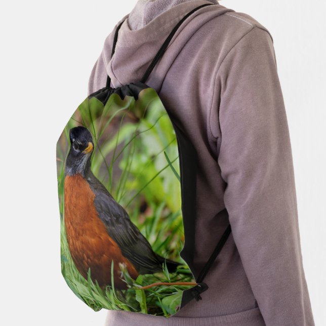 Curious Hopeful American Robin Songbird Drawstring Bag (Insitu)