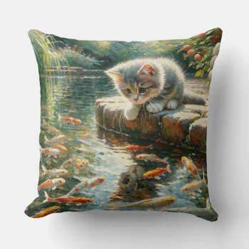 Curious Kitten By The Koi Pond Pillow by Godsblossom at Zazzle