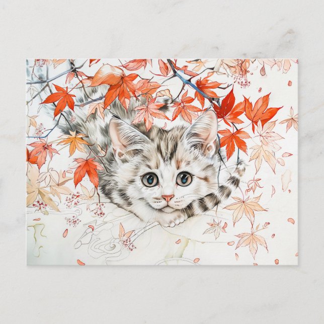 Curious Kitten in Autumn Leaves in Chinese Ink Pai Postcard (Front)