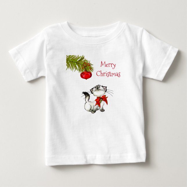 Curious Kitty Cat In A Red Christmas Bow Baby T-Shirt (Front)