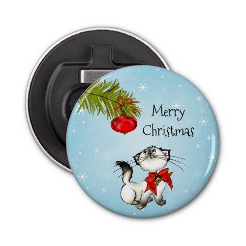 Curious Kitty Cat In A Red Christmas Bow Bottle Opener