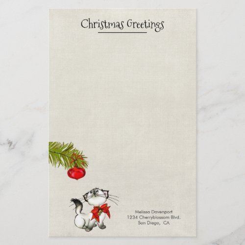 Curious Kitty Cat In A Red Christmas Bow Custom Stationery