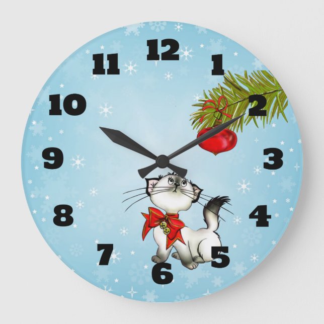 Curious Kitty Cat In A Red Christmas Bow Large Clock (Front)