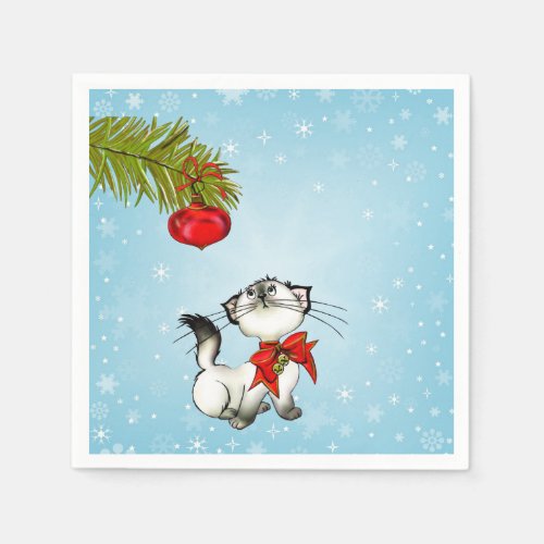 Curious Kitty Cat In A Red Christmas Bow Paper Napkins