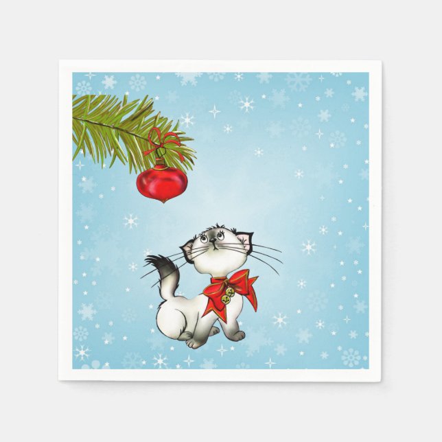 Curious Kitty Cat In A Red Christmas Bow Paper Napkins (Front)