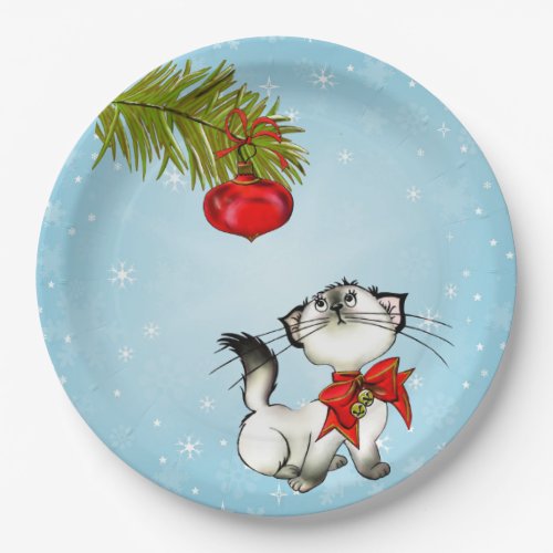 Curious Kitty Cat In A Red Christmas Bow Paper Plates