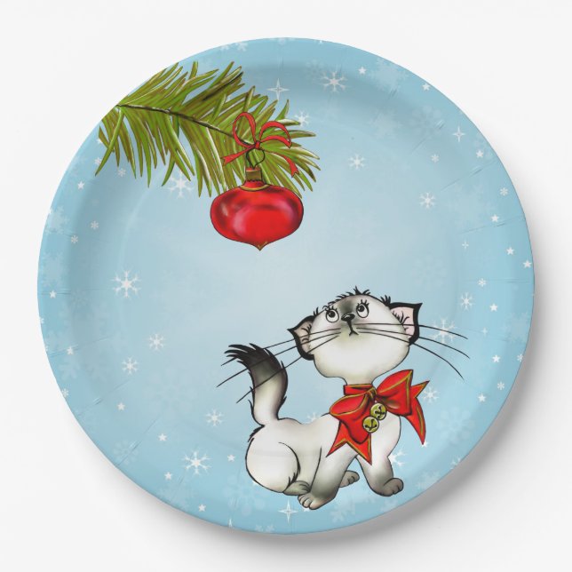 Curious Kitty Cat In A Red Christmas Bow Paper Plates (Front)