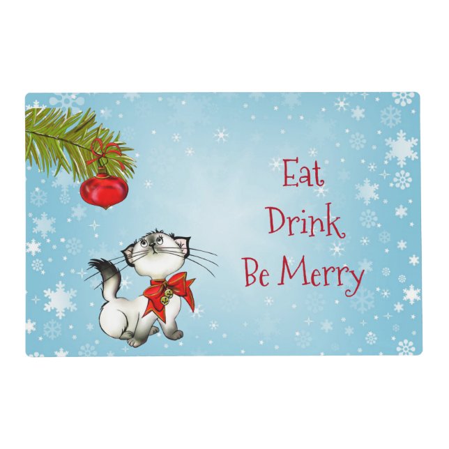 Curious Kitty Cat In A Red Christmas Bow Placemat (Front)