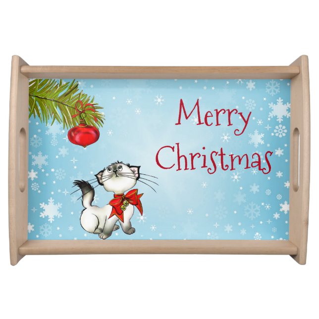 Curious Kitty Cat In A Red Christmas Bow Serving Tray (Front)
