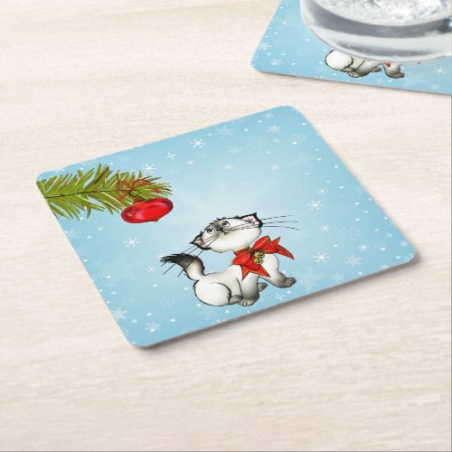 Curious Kitty Cat In A Red Christmas Bow Square Paper Coaster