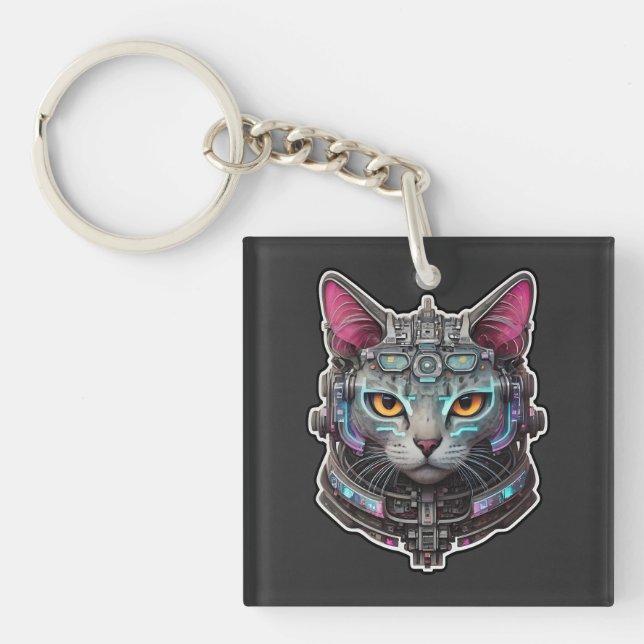 Curious Kitty in a Cyber Helmet Keychain (Front)