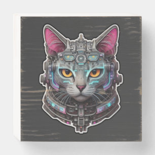 Curious Kitty in a Cyber Helmet Wooden Box Sign