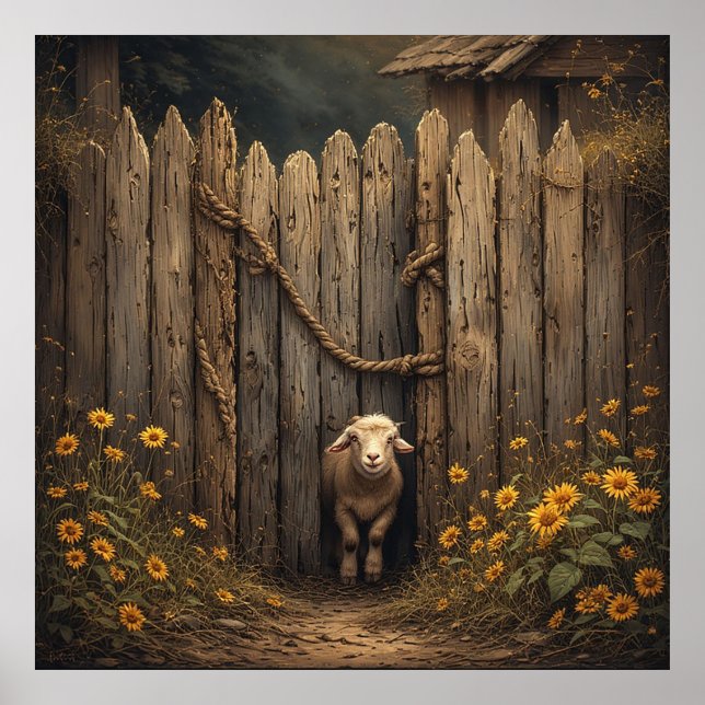 Curious Lamb Peeking From Rustic Wooden Gate Poster (Front)